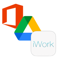 Google workspace suite, microsoft office suite, and iwork suite logos